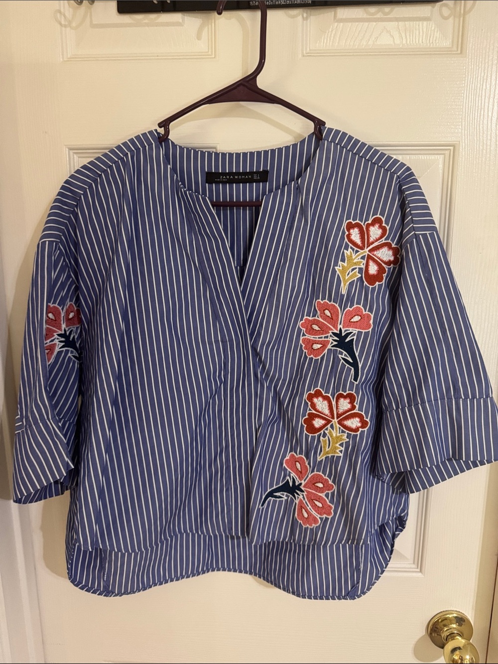 Zara Blue and White Striped Embroidered Floral Blouse